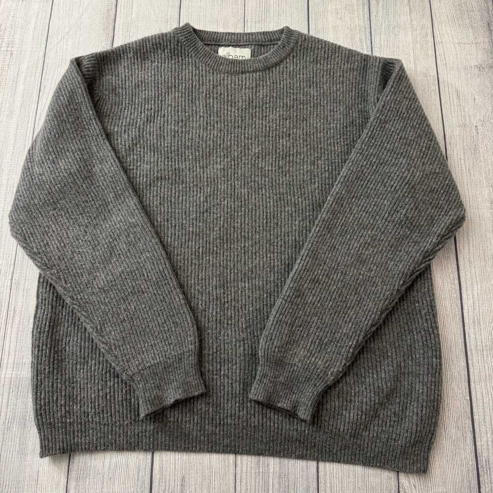 Albam 100% Wool Sweater XL Gray Rib Knit Made In Scotland Crewneck Warm Cozy